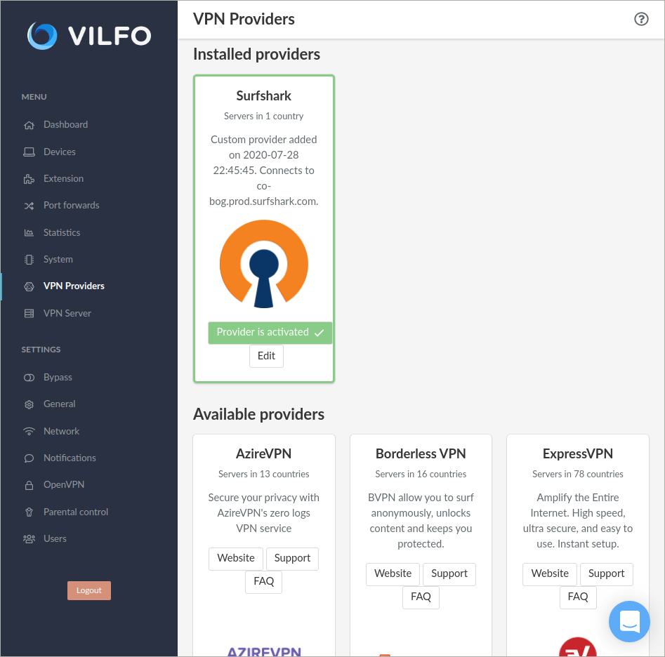 vilfo custom installed provider
