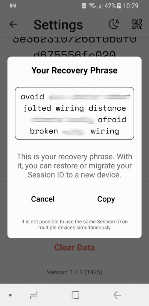 session recovery phrase