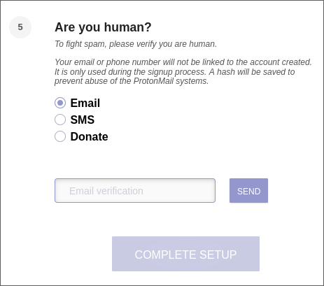 Step 5 of ProtonMail account creation. Any of the required options here is personal information.