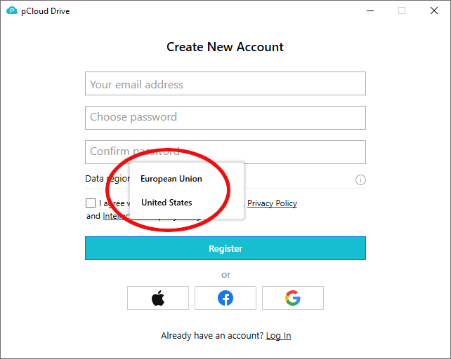 pcloud new account selecting a region