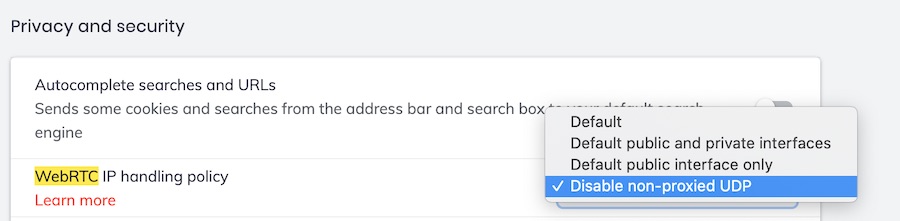 WebRTC handling policy Brave