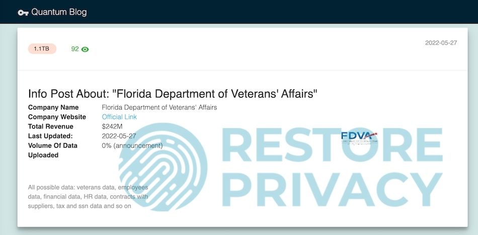 Florida Dept of Veterans Affairs Quantum Ransomware Attack
