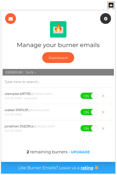 temporary burner email dialog