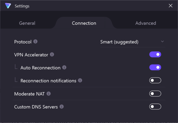صفحة إعدادات اتصالات VPN Proton