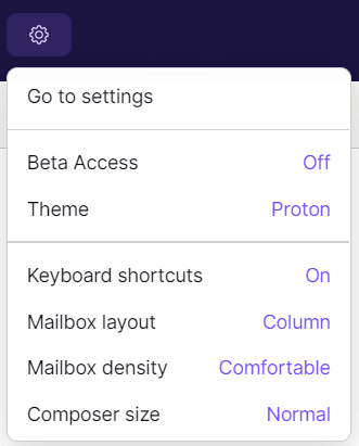 proton mail menu before settings