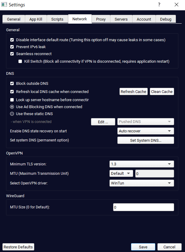 Opciones de configuración de características de Torguard