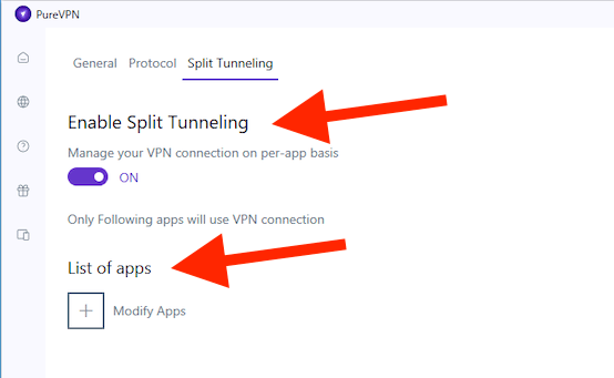 split tunneling purevpn