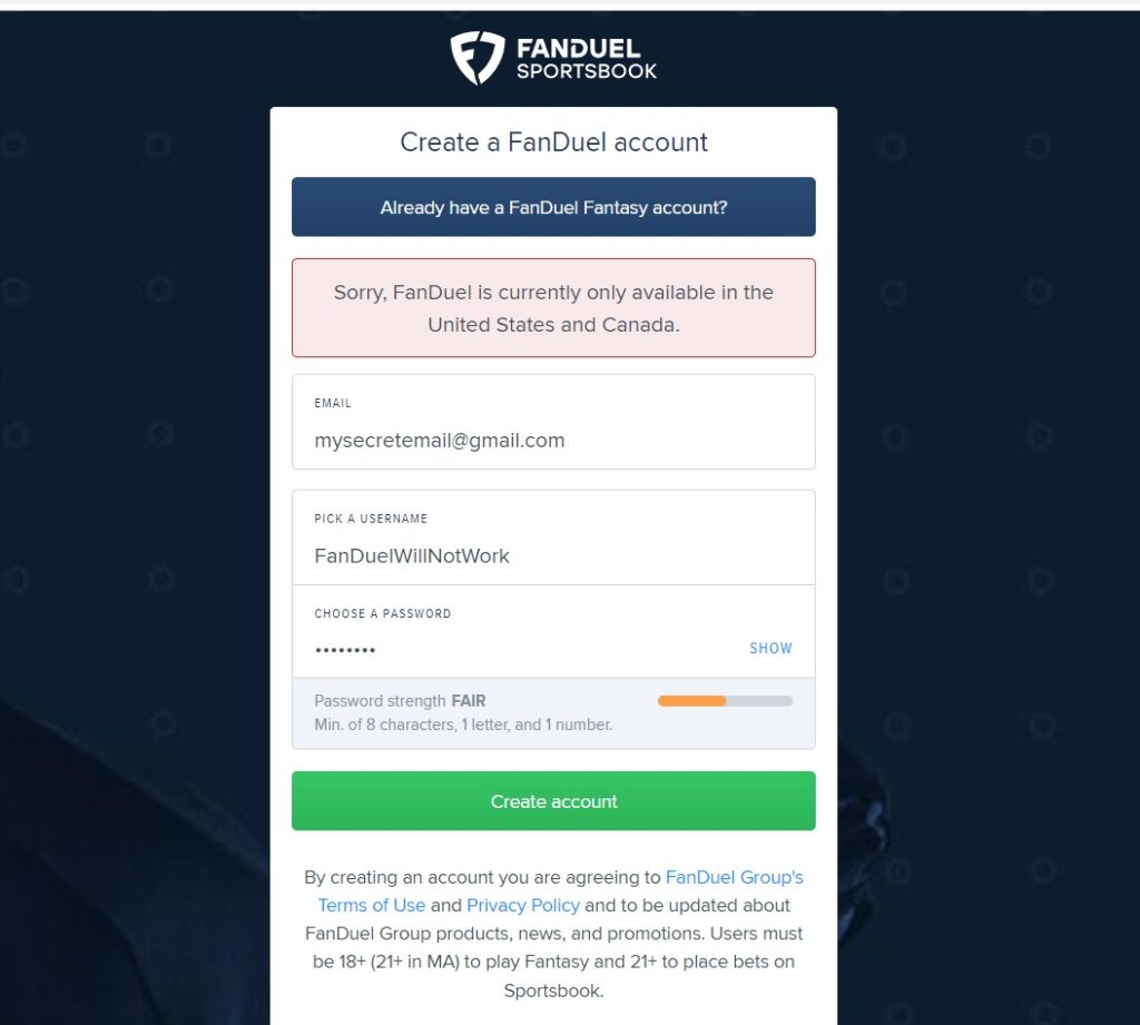 FanDuel is unavailable without a VPN
