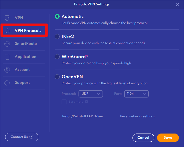 VPN protocols PrivadoVPN