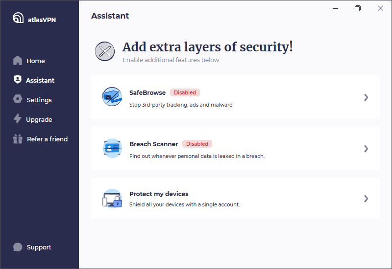 Atlas VPN has many features disabled in the free version