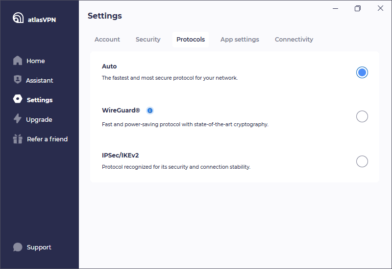 Atlas VPN select VPN protocol