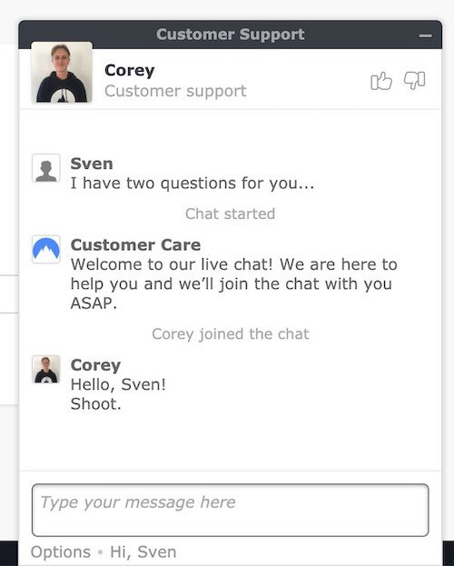 NordVPN 24/7 live chat Support example
