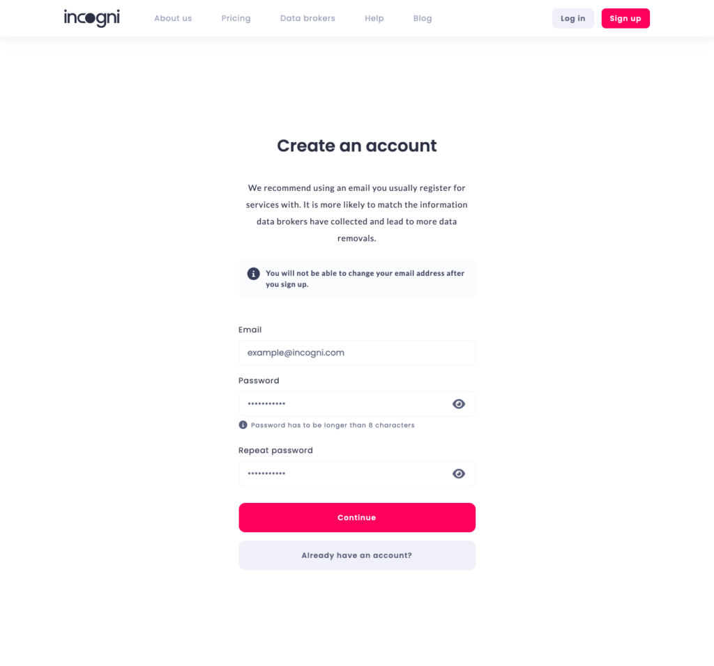 Incogni create an account screen
