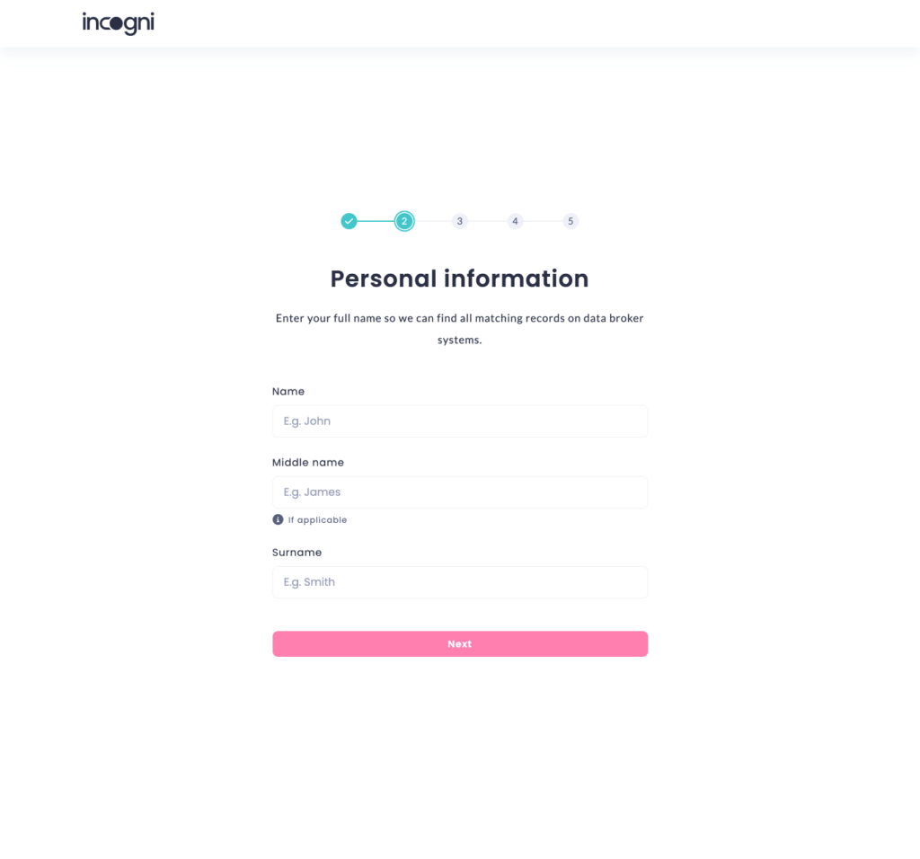 Incogni personal information screen