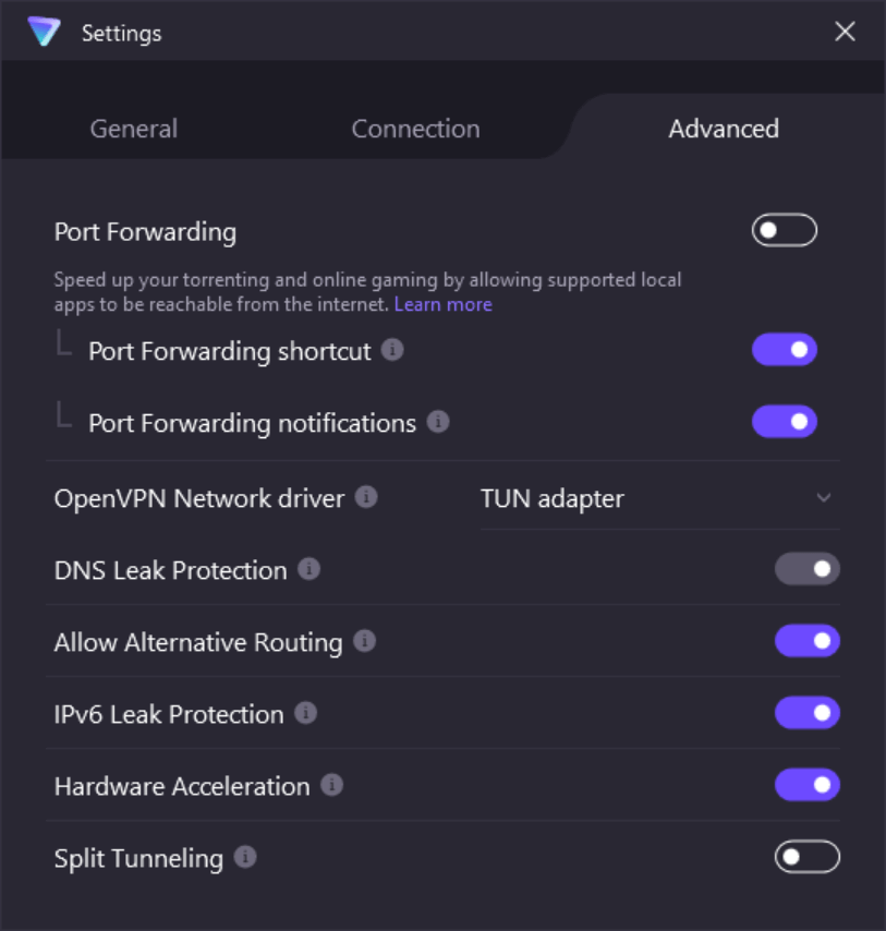 Proton VPN Advanced settings page