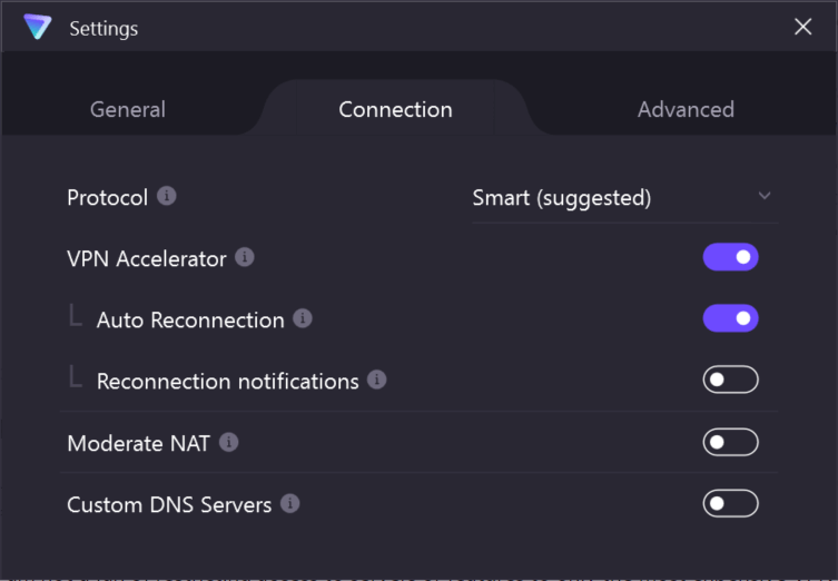 Página de configuración de conexión de Proton VPN