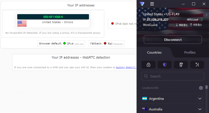 Resultados de pruebas de fuga de Proton VPN