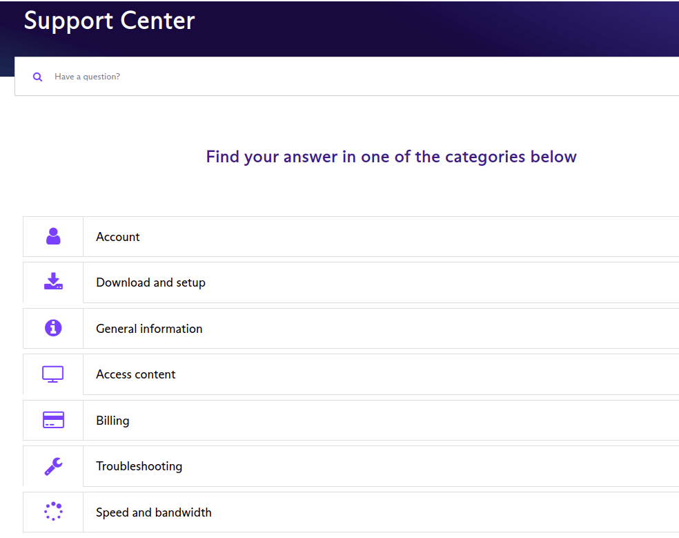 Opciones del centro de soporte de Proton VPN