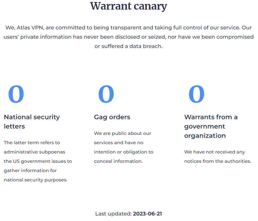 Atlas VPN Warrant Canary