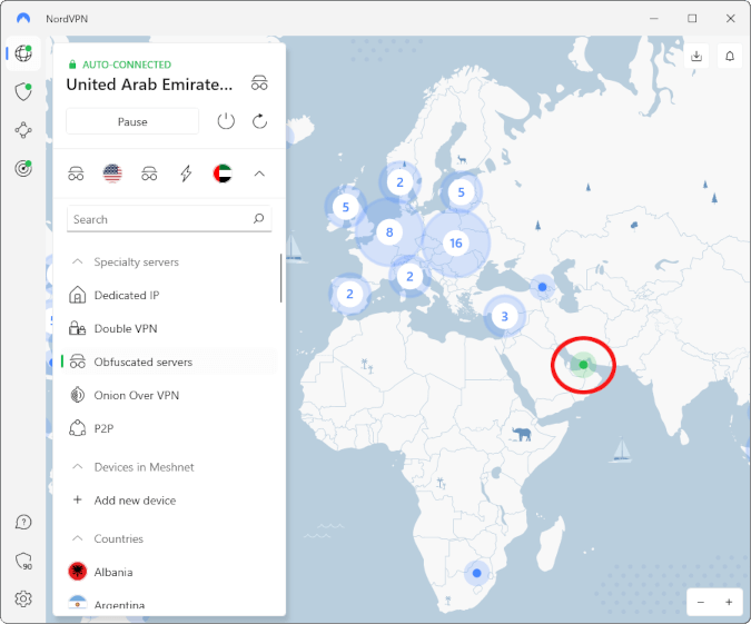 NordVPN connected to UAE through Obfuscated servers