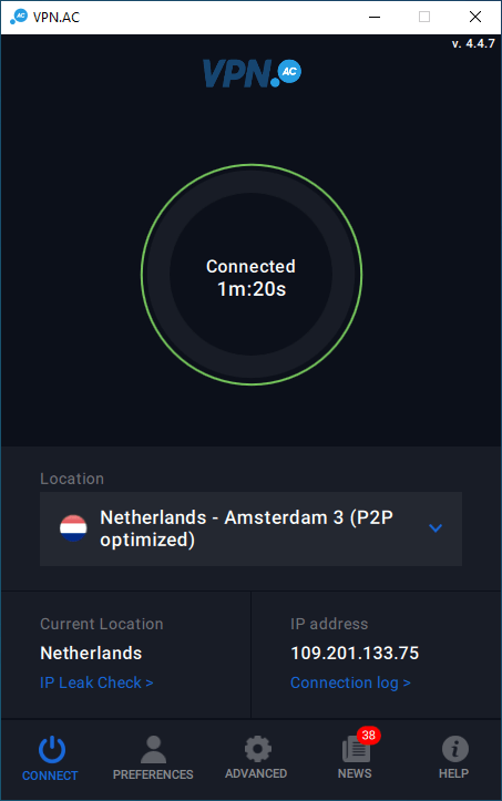 VPN.ac Windows app connected