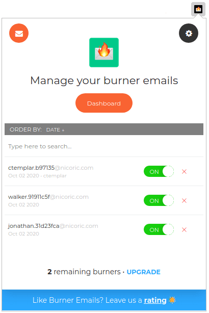 Burner mail browser extension UI