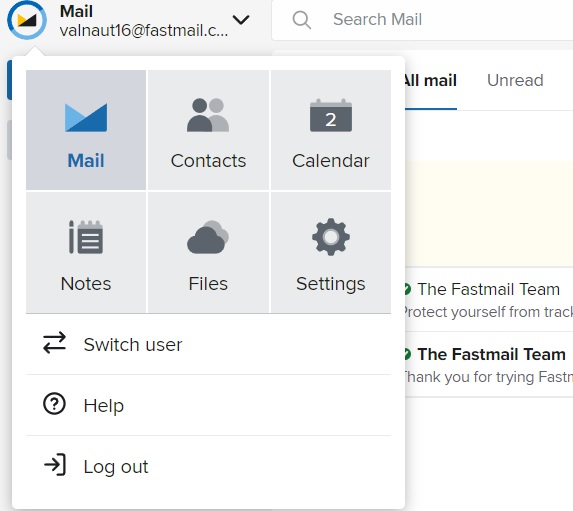 Fastmail menu interface