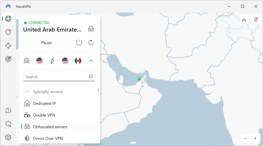 NordVPN connected to UAE through Obfuscated server