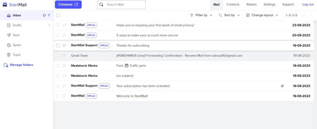 secure email services: StartMail interface