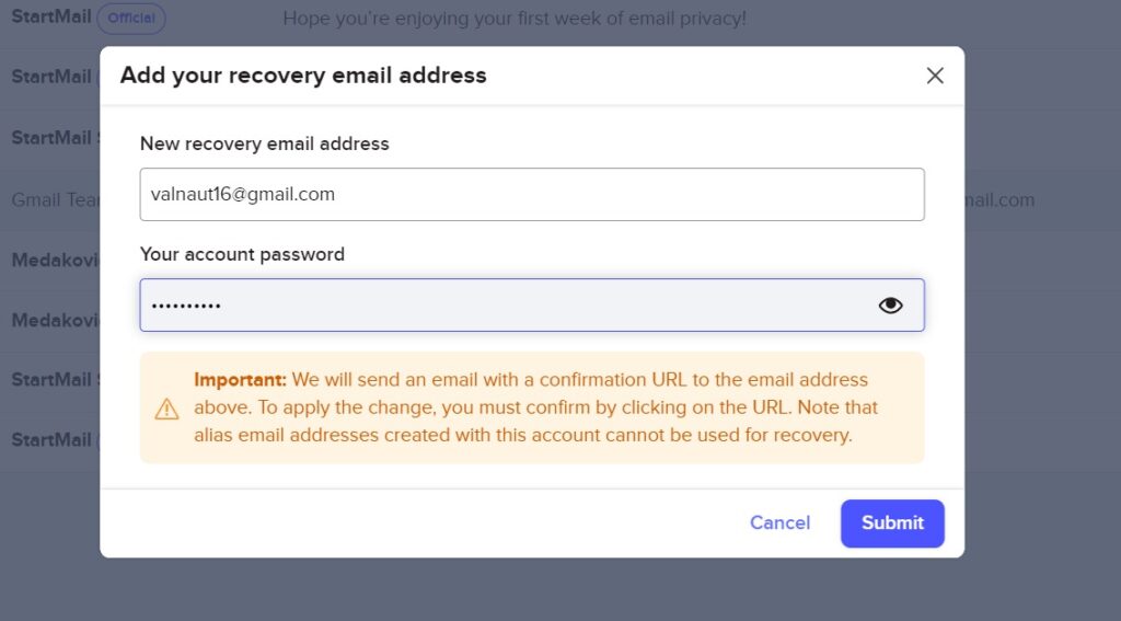 StartMail recovery email address