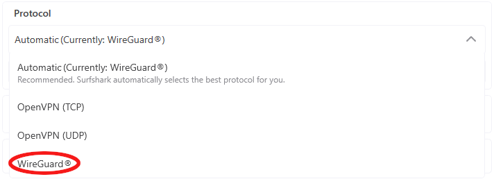 Surfshark VPN Protocol Selection