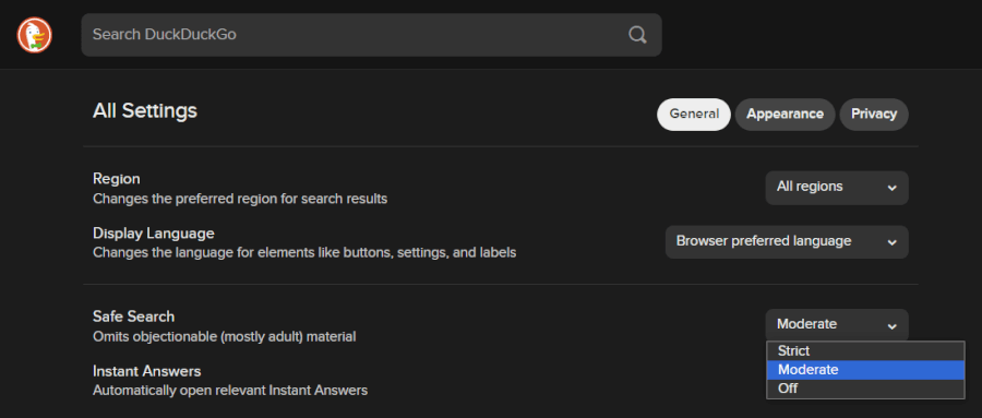 DuckDuckGo Safe Search option