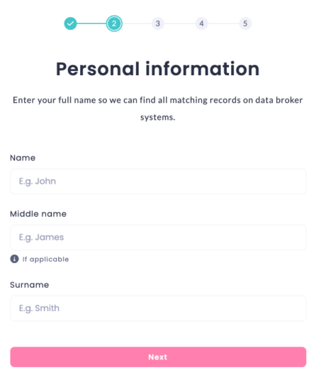 Incogni Personal Information Screen