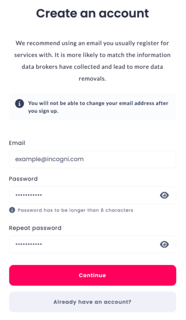 Incogni Sign Up Screen