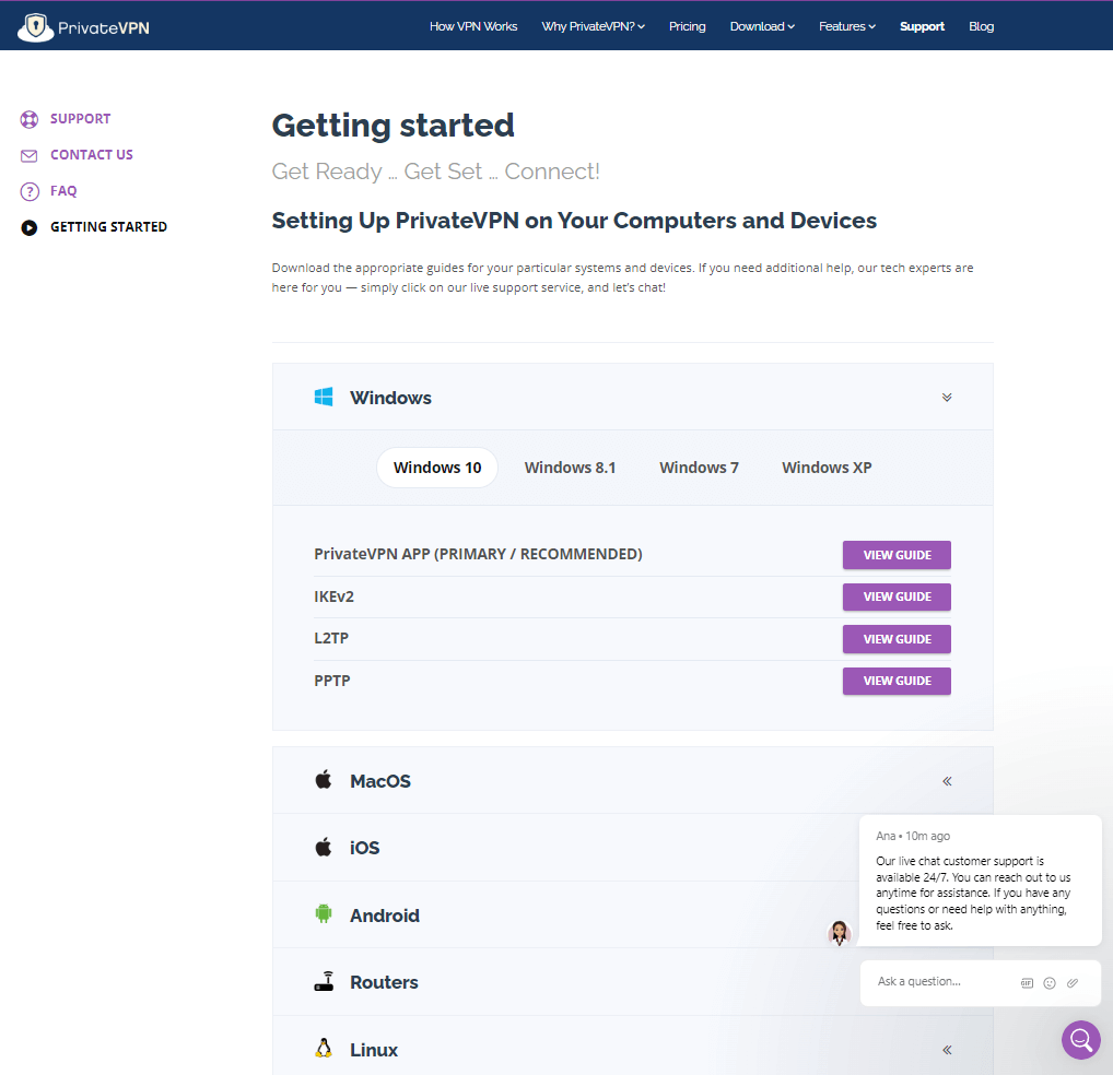 Getting Started with Private VPN Support page