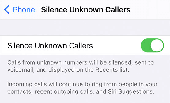 iPhone Silence Unknown Callers feature