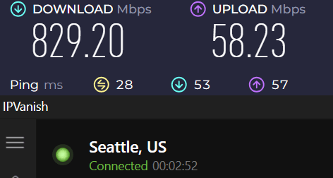 IPVanish speed test in Seattle