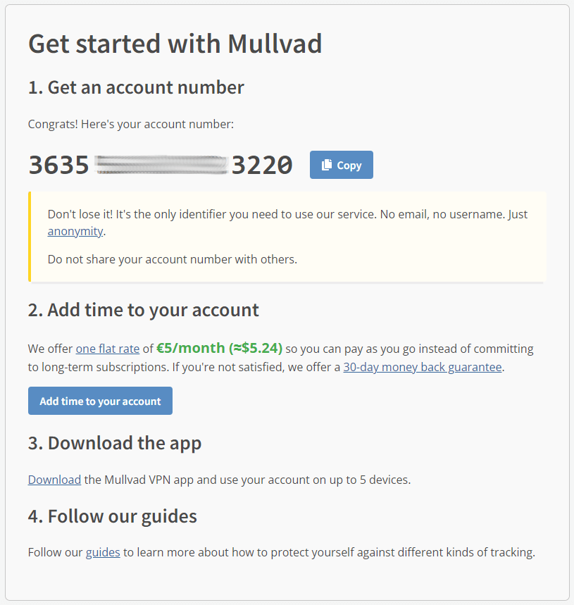 Mullvad VPN anonymous account creation