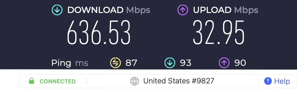 NordVPN speed test result connecting to Los Angeles