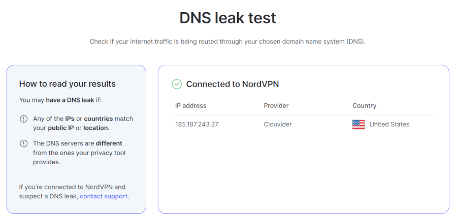 NordVPN DNS leak test