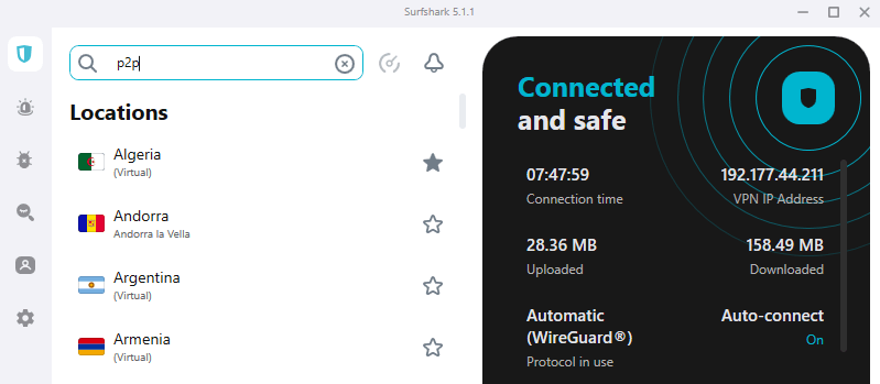 Finding P2P servers in the Surfshark app
