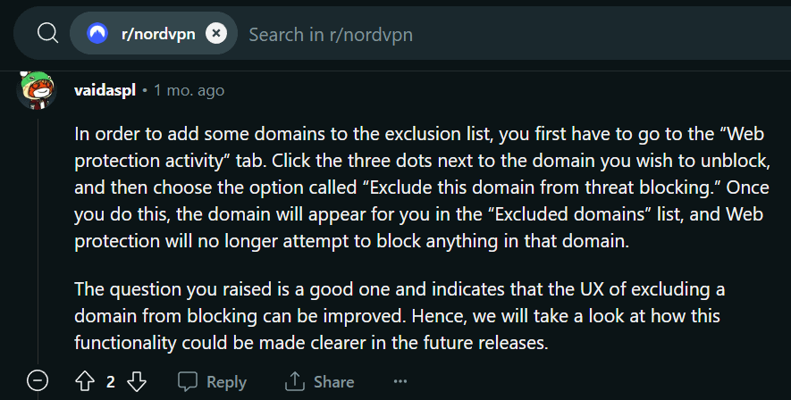 NordVPN subreddit comment on Excluded domains