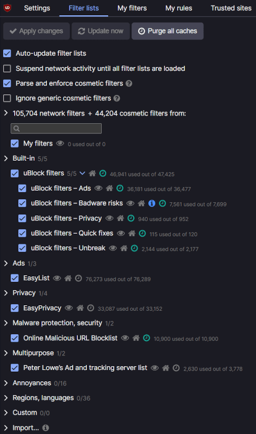 uBlock Origin filter lists