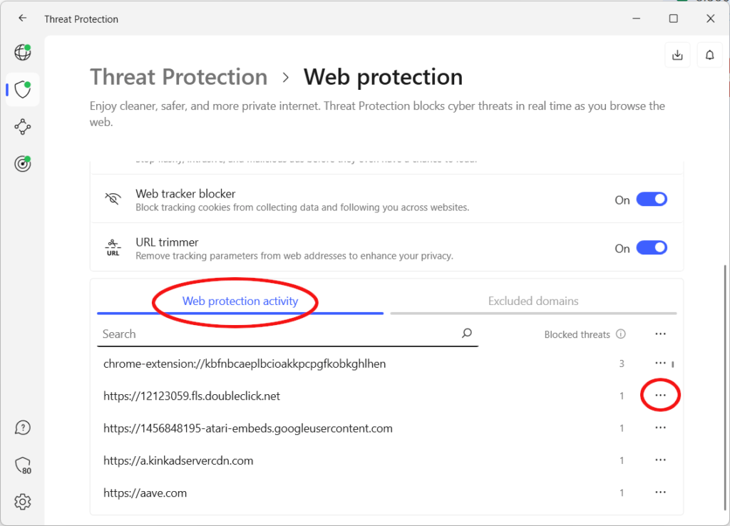 The Web protection activity list.