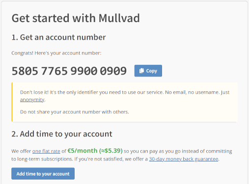Create a Mullvad VPN account.