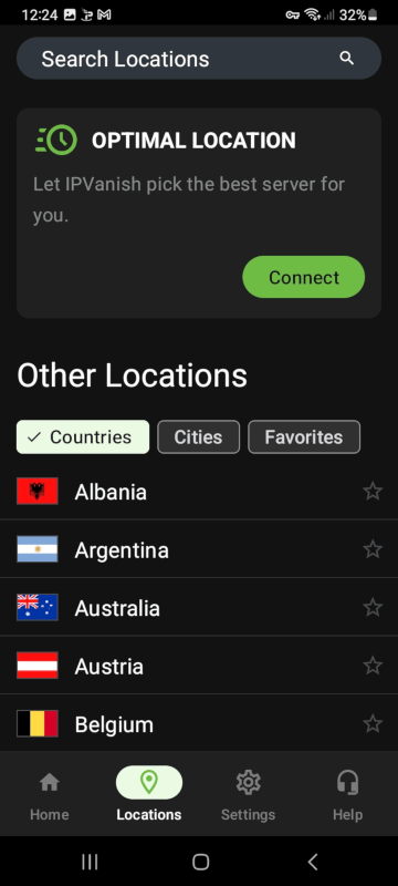 IPVanish Locations Screen