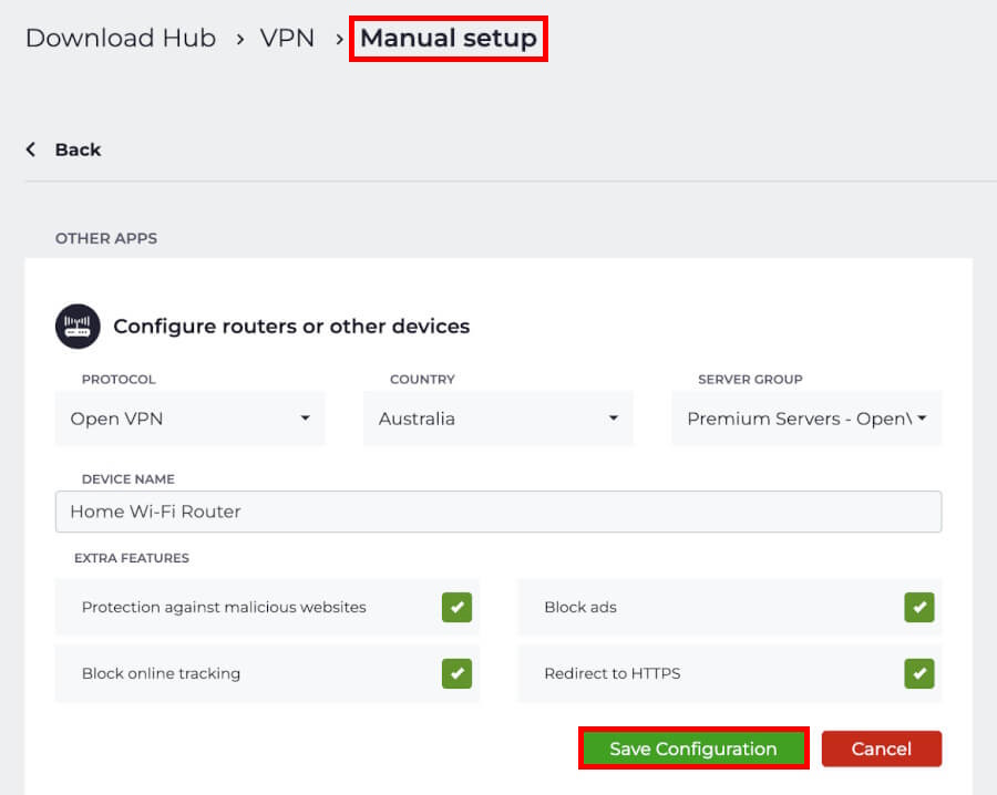 CyberGhost router VPN settings