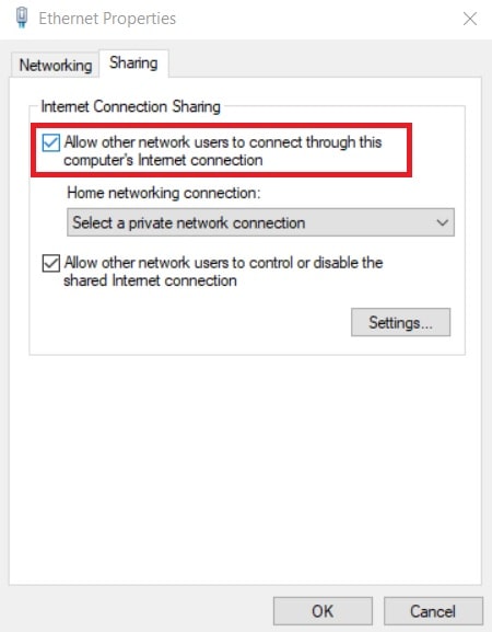 Ethernet properties sharing tab