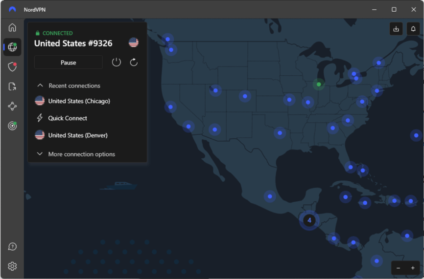 NordVPN connected to a VPN server in Chicago