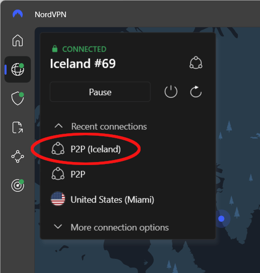 NordVPN - Iceland P2P server selected